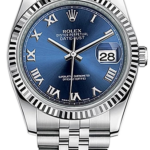 Rolex Datejust watch with blue dial, Roman numerals, fluted bezel, and date window at 3 on a stainless steel Jubilee bracelet.