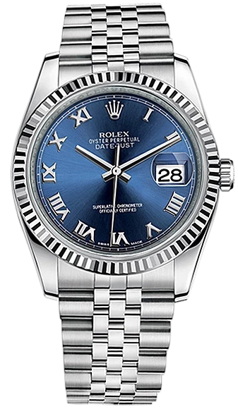 Rolex Datejust watch with blue dial, Roman numerals, fluted bezel, and date window at 3 on a stainless steel Jubilee bracelet.