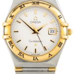 Omega Constellation wristwatch with two-tone gold bezel, silver bracelet, white dial, Roman numeral bezel, date window at 3 o'clock