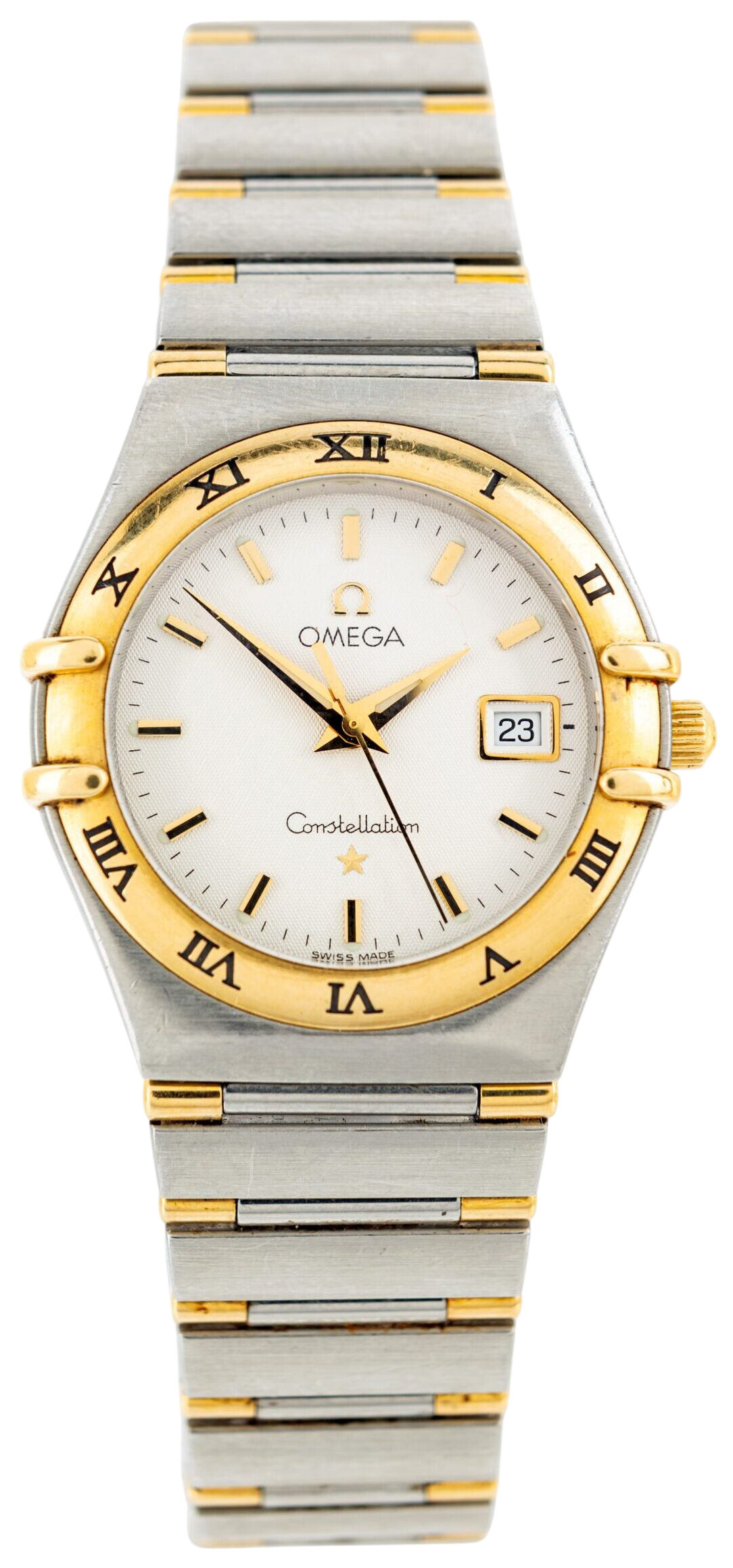 Omega Constellation wristwatch with two-tone gold bezel, silver bracelet, white dial, Roman numeral bezel, date window at 3 o'clock
