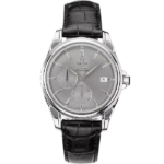 Omega De Ville automatic chronometer men's wristwatch with gray dial, two subdials, and date at 3 o'clock with black leather strap