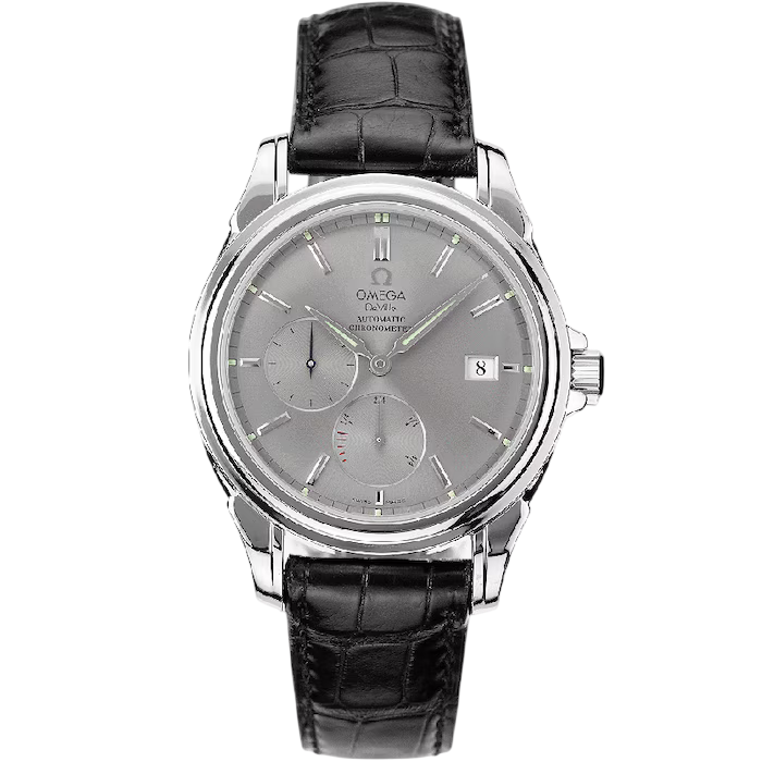 Omega De Ville automatic chronometer men's wristwatch with gray dial, two subdials, and date at 3 o'clock with black leather strap