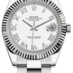 Rolex Oyster Perpetual Datejust stainless steel watch with a fluted bezel, white dial, Roman numerals, and date window showing 28 at 3 o'clock