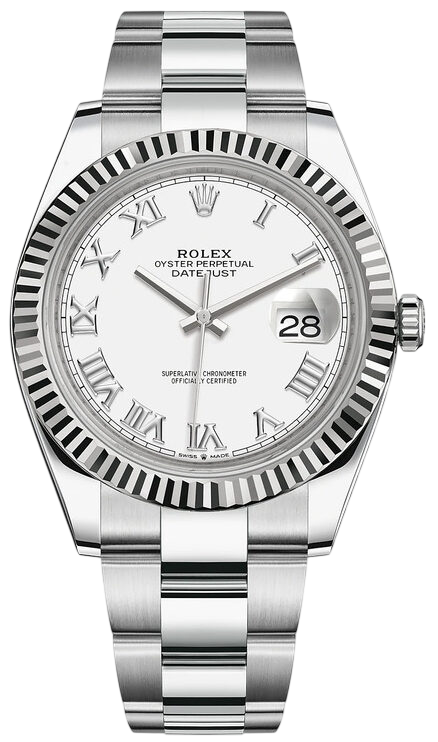 Rolex Oyster Perpetual Datejust stainless steel watch with a fluted bezel, white dial, Roman numerals, and date window showing 28 at 3 o'clock