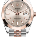 Two-tone Rolex Datejust wristwatch with rose gold bezel and Jubilee bracelet, champagne dial, and date window at 3 o'clock.