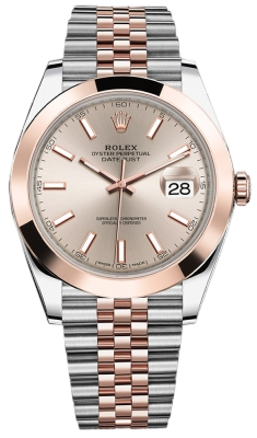 Two-tone Rolex Datejust wristwatch with rose gold bezel and Jubilee bracelet, champagne dial, and date window at 3 o'clock.