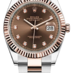 Rolex Datejust: two-tone bracelet, rose gold bezel, brown dial with diamond hour markers, date window at 3.