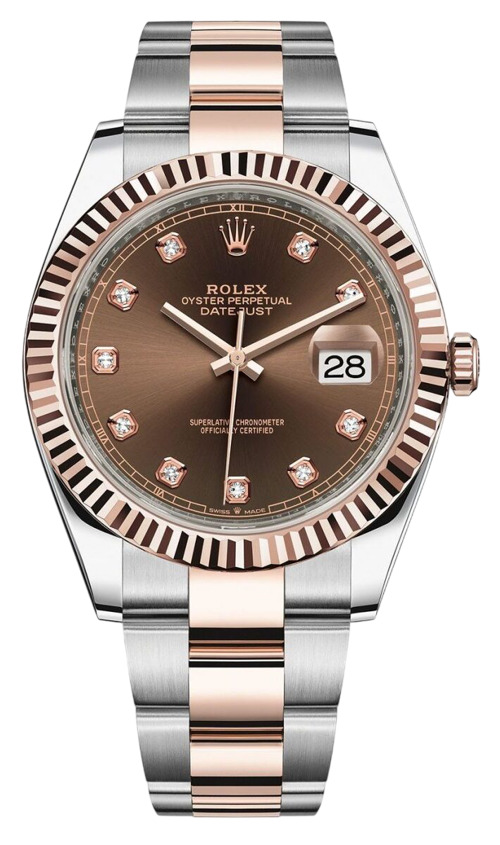 Rolex Datejust: two-tone bracelet, rose gold bezel, brown dial with diamond hour markers, date window at 3.