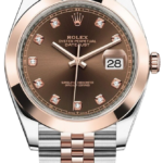 Two-tone Rolex Datejust wristwatch with bronze dial, diamond hour markers, and date window showing 28 on a rose-gold and stainless steel bracelet