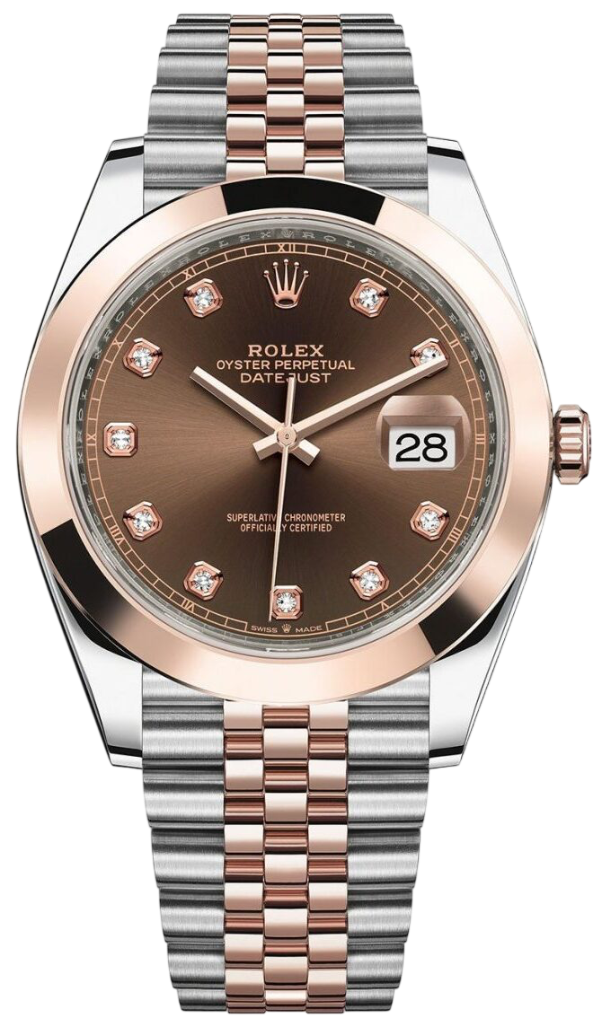 Two-tone Rolex Datejust wristwatch with bronze dial, diamond hour markers, and date window showing 28 on a rose-gold and stainless steel bracelet