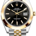 Rolex Oyster Perpetual Datejust wristwatch with black dial, gold bezel, and two-tone gold–silver Jubilee bracelet; date display at 3 o'clock.
