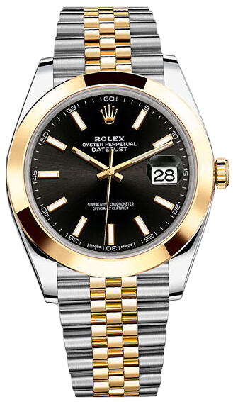 Rolex Oyster Perpetual Datejust wristwatch with black dial, gold bezel, and two-tone gold–silver Jubilee bracelet; date display at 3 o'clock.
