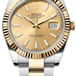 Rolex Datejust watch with champagne dial, gold fluted bezel, and two-tone bracelet; date window at 3 o'clock.