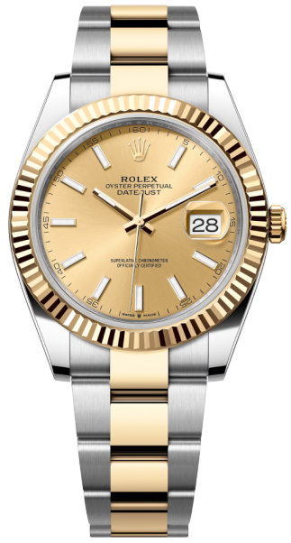 Rolex Datejust watch with champagne dial, gold fluted bezel, and two-tone bracelet; date window at 3 o'clock.