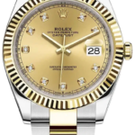 Two-tone Rolex Oyster Perpetual Datejust wristwatch with gold dial, diamond hour markers, and a gold-and-silver bracelet showing a date window at 3 o'clock (25).