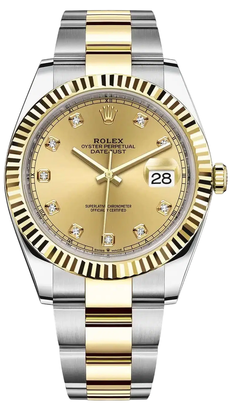 Two-tone Rolex Oyster Perpetual Datejust wristwatch with gold dial, diamond hour markers, and a gold-and-silver bracelet showing a date window at 3 o'clock (25).