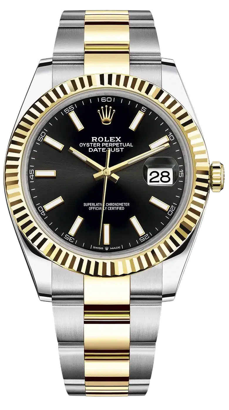 Rolex Oyster Perpetual Datejust wristwatch with a black dial, gold fluted bezel, and two-tone stainless steel and yellow gold bracelet showing the date at 3 o'clock.