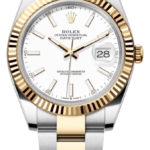 Two-tone Rolex Datejust wristwatch with a gold fluted bezel, white dial, date window at 3, and silver-and-gold Jubilee bracelet.