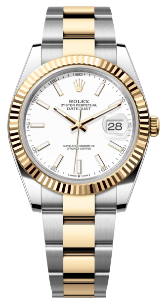 Two-tone Rolex Datejust wristwatch with a gold fluted bezel, white dial, date window at 3, and silver-and-gold Jubilee bracelet.