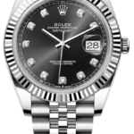 Rolex Oyster Perpetual Datejust with a black dial, diamond hour markers, and a stainless steel Jubilee bracelet with a date window showing 28