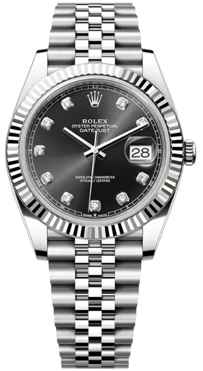 Rolex Oyster Perpetual Datejust with a black dial, diamond hour markers, and a stainless steel Jubilee bracelet with a date window showing 28
