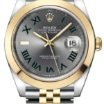 Two-tone Rolex Oyster Perpetual Datejust wristwatch with gold bezel and steel-and-gold bracelet, gray dial, green Roman numerals, and date window at 3 o'clock