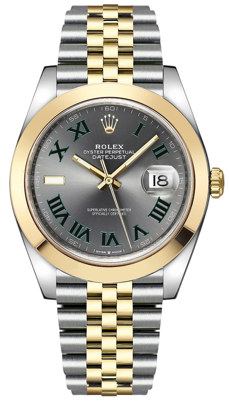 Two-tone Rolex Oyster Perpetual Datejust wristwatch with gold bezel and steel-and-gold bracelet, gray dial, green Roman numerals, and date window at 3 o'clock