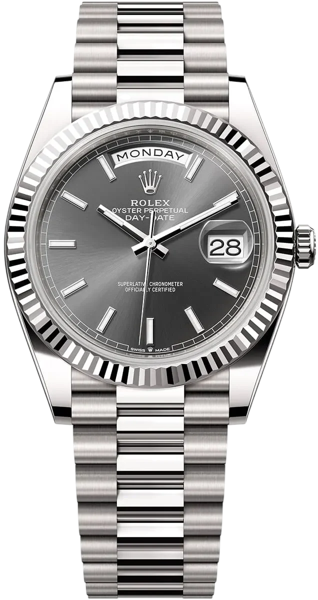 Rolex Day-Date wristwatch with grey dial, fluted bezel, and date window showing 28.