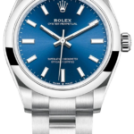 Rolex Oyster Perpetual stainless steel watch with a blue dial and silver hour markers.