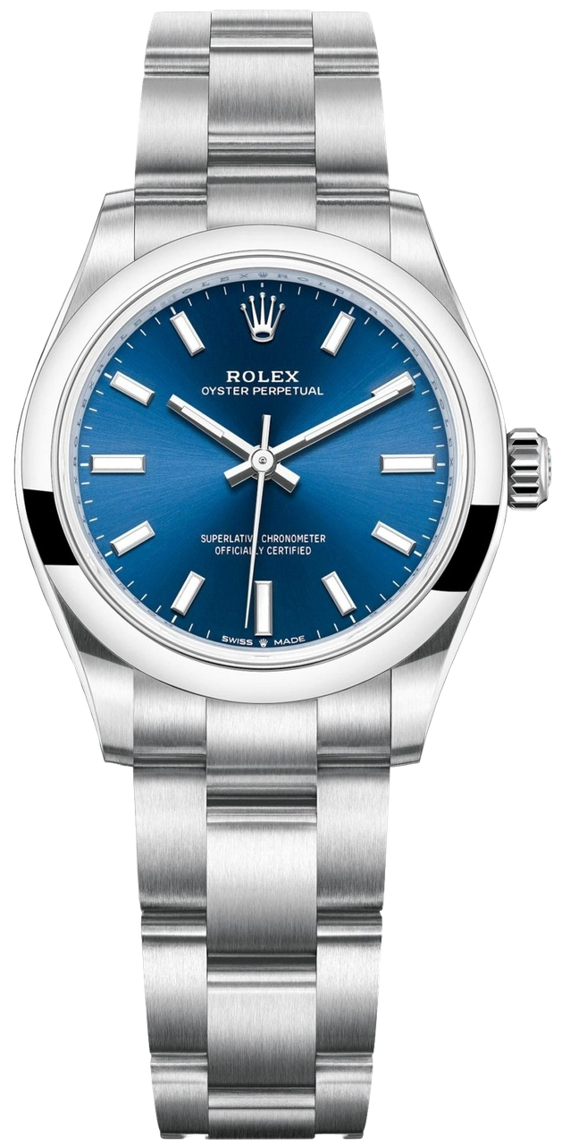 Rolex Oyster Perpetual stainless steel watch with a blue dial and silver hour markers.