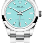 Rolex Oyster Perpetual stainless steel watch with turquoise dial and baton hour markers on a metal bracelet