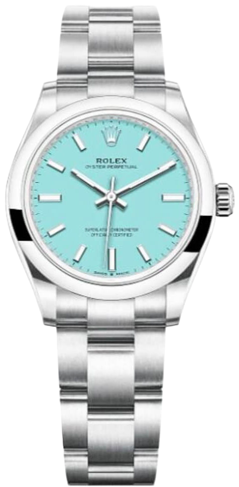 Rolex Oyster Perpetual stainless steel watch with turquoise dial and baton hour markers on a metal bracelet