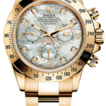 Gold Rolex Oyster Perpetual Cosmograph Daytona with a mother-of-pearl dial and diamond hour markers.