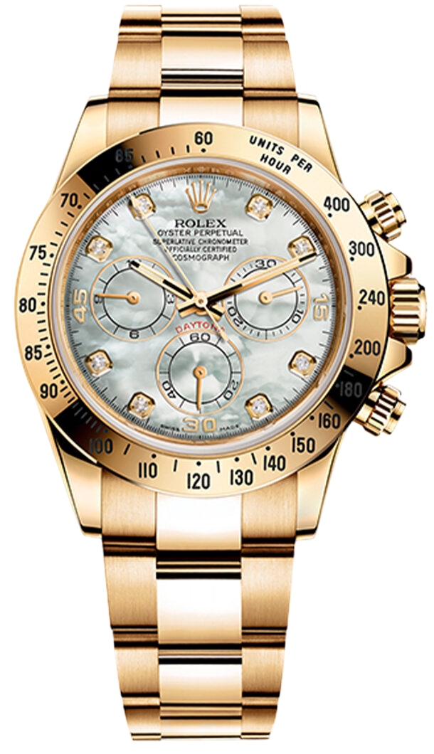 Gold Rolex Oyster Perpetual Cosmograph Daytona with a mother-of-pearl dial and diamond hour markers.
