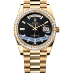 Gold Rolex Day-Date watch with diamond bezel and black dial, day and date windows, on a gold bracelet.