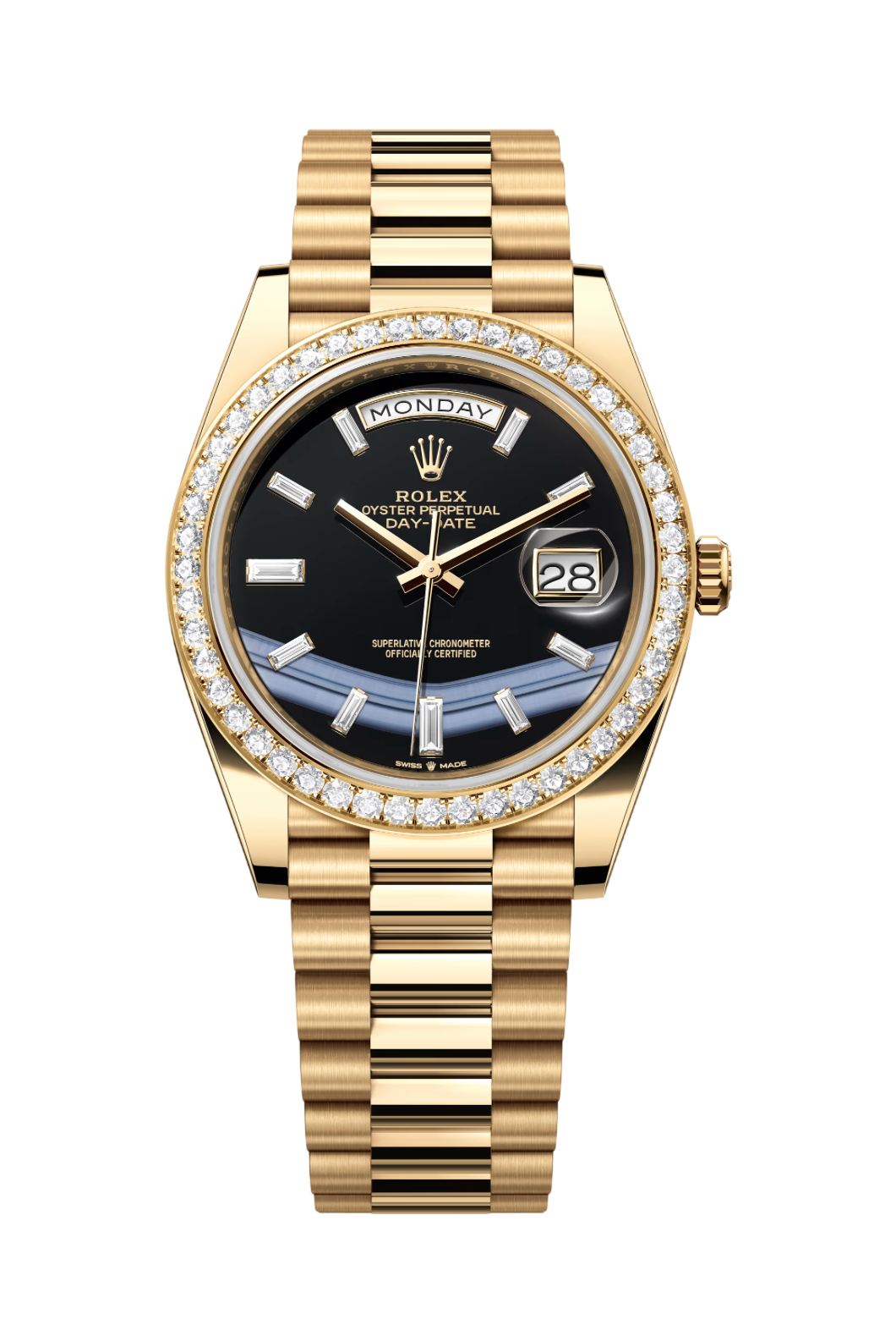 Gold Rolex Day-Date watch with diamond bezel and black dial, day and date windows, on a gold bracelet.