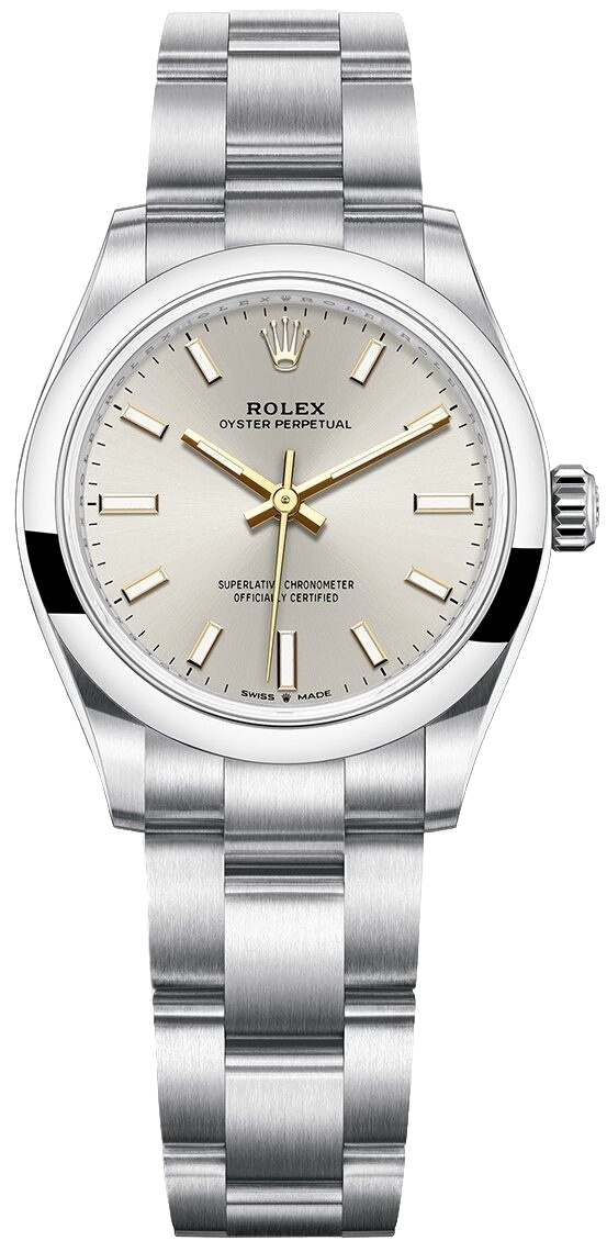 Rolex Oyster Perpetual stainless steel wristwatch with a silver dial and gold hands/markers.