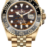 Gold Rolex GMT-Master II watch with black bezel and tiger-striped dial on a Jubilee bracelet.