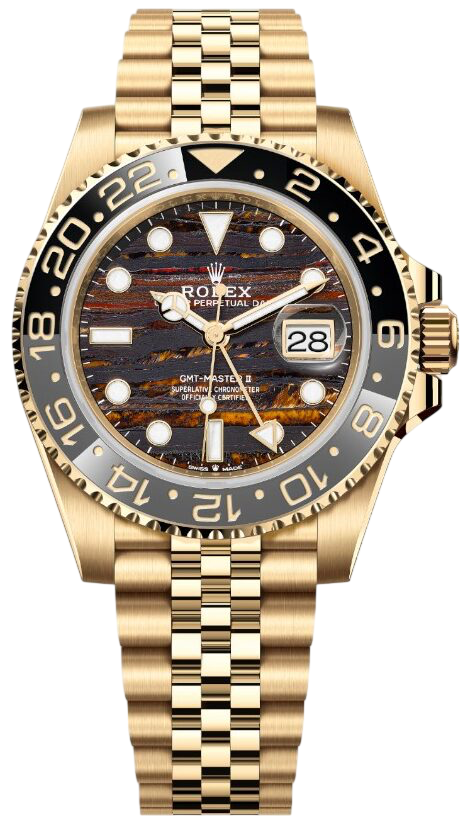 Gold Rolex GMT-Master II watch with black bezel and tiger-striped dial on a Jubilee bracelet.