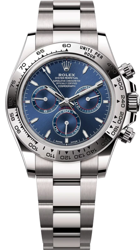 Rolex Daytona stainless steel watch with blue dial, three subdials, and tachymeter bezel on a metal bracelet.