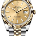 Two-tone Rolex Datejust wristwatch with gold dial, fluted bezel, and Jubilee bracelet showing date at 3 o'clock