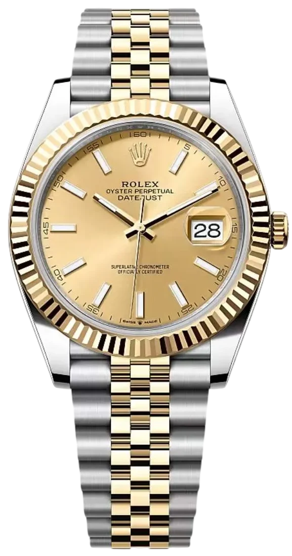 Two-tone Rolex Datejust wristwatch with gold dial, fluted bezel, and Jubilee bracelet showing date at 3 o'clock