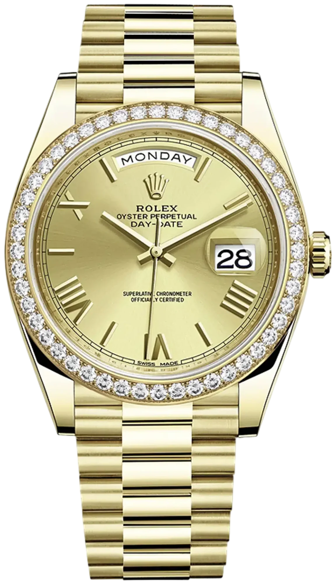 Gold Rolex Day-Date watch with diamond-bezel, gold bracelet, day display reading MONDAY, and date 28