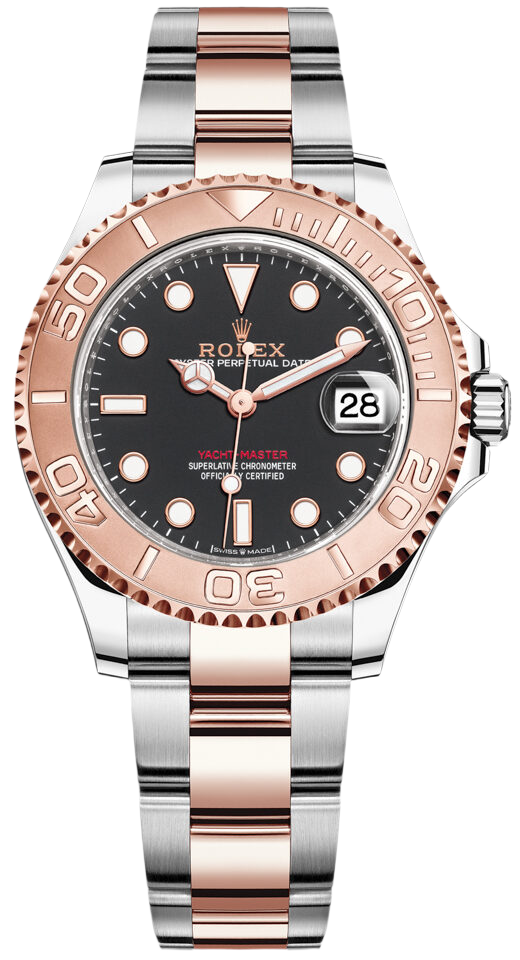 Rolex two-tone Yacht-Master watch with rose-gold bezel, black dial, date window at 3, and steel-and-rose-gold bracelet
