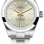 Rolex Oyster Perpetual stainless steel watch with gold hour markers on a silver dial and brushed bracelet edges.