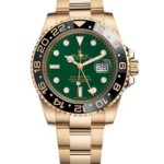 Gold Rolex GMT-Master II wristwatch with green dial and black bezel, date window at 3 o'clock