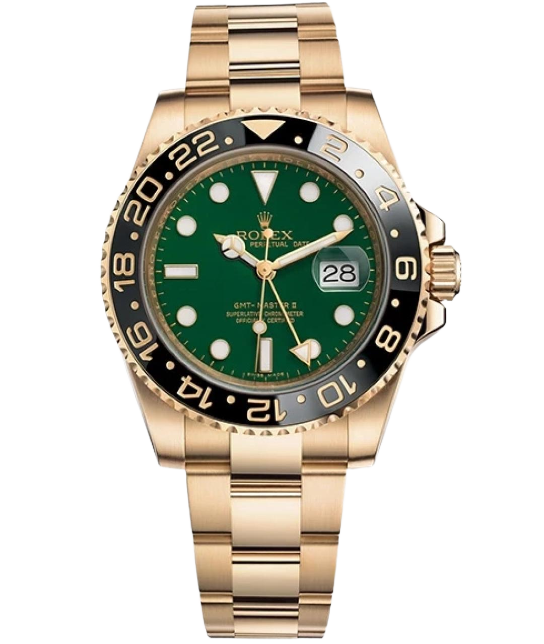 Gold Rolex GMT-Master II wristwatch with green dial and black bezel, date window at 3 o'clock