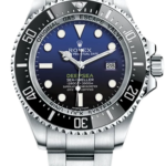 Rolex Deepsea Sea-Dweller dive watch with blue gradient dial, stainless steel bracelet, date window at 3 o'clock and rotating bezel.