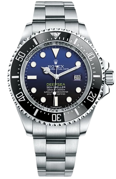Rolex Deepsea Sea-Dweller dive watch with blue gradient dial, stainless steel bracelet, date window at 3 o'clock and rotating bezel.