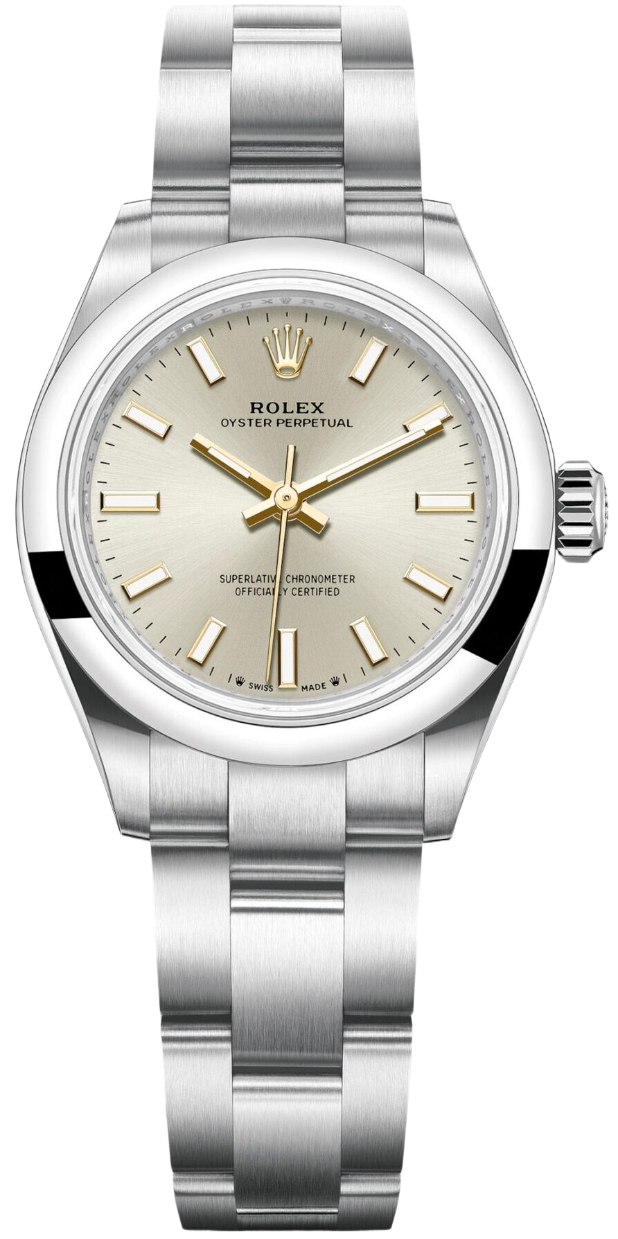 Rolex Oyster Perpetual stainless steel watch with gold hour markers on a silver dial and brushed bracelet edges.